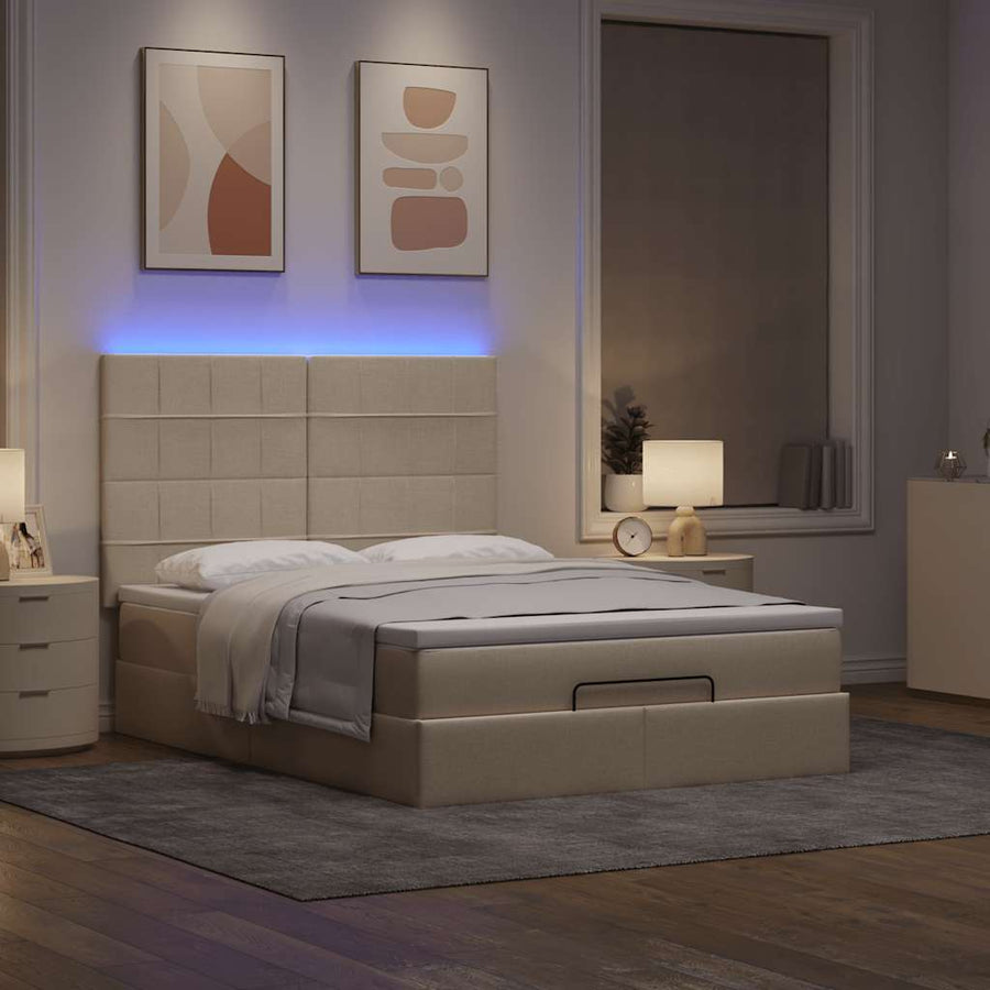 Ottoman bed met matras en LED's 140x200cm stof crèmekleurig