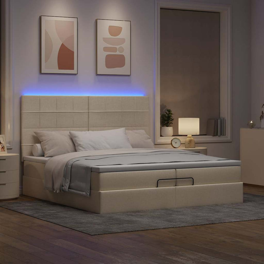 Ottoman bed met matrassen en LED's 200x200cm stof crèmekleurig