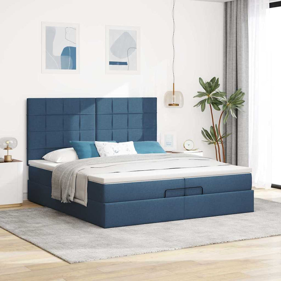 Ottoman bed met matrassen en LED's 200x200cm stof blauw