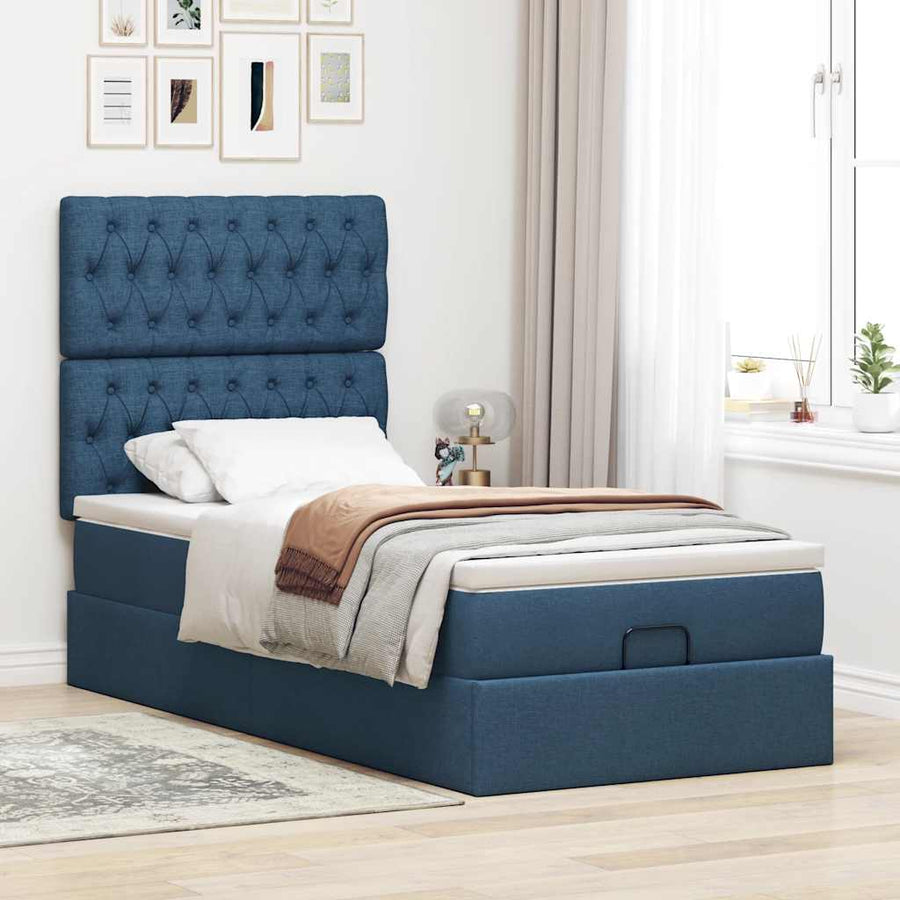 Ottoman bed met matras en LED's 90x200cm stof blauw