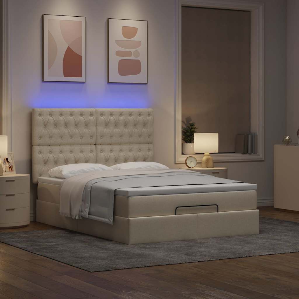 Ottoman bed met matras en LED's 140x190cm stof crèmekleurig