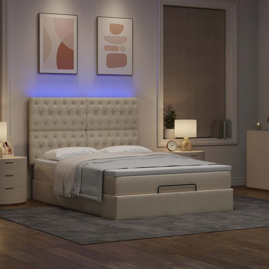 Ottoman bed met matras en LED's 140x190cm stof crèmekleurig