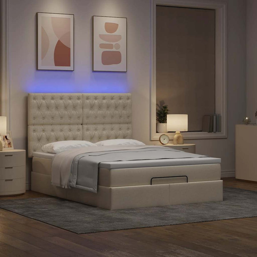 Ottoman bed met matras en LED's 140x200cm stof crèmekleurig
