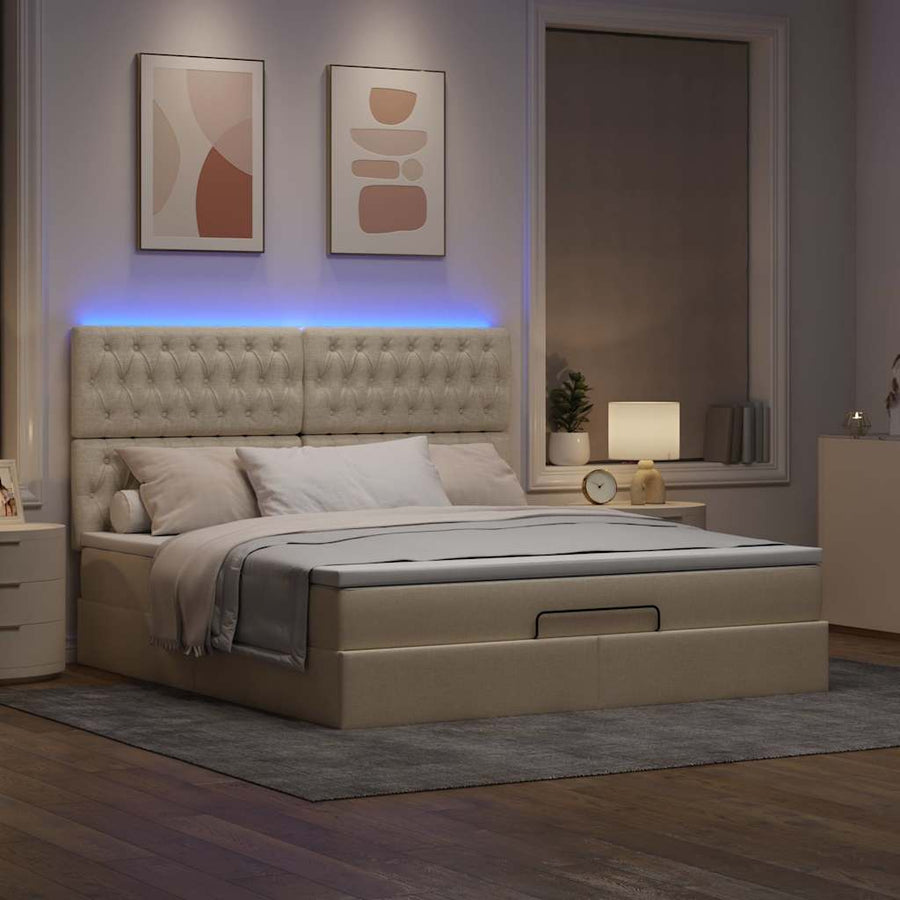 Ottoman bed met matras en LED's 180x200cm stof crèmekleurig