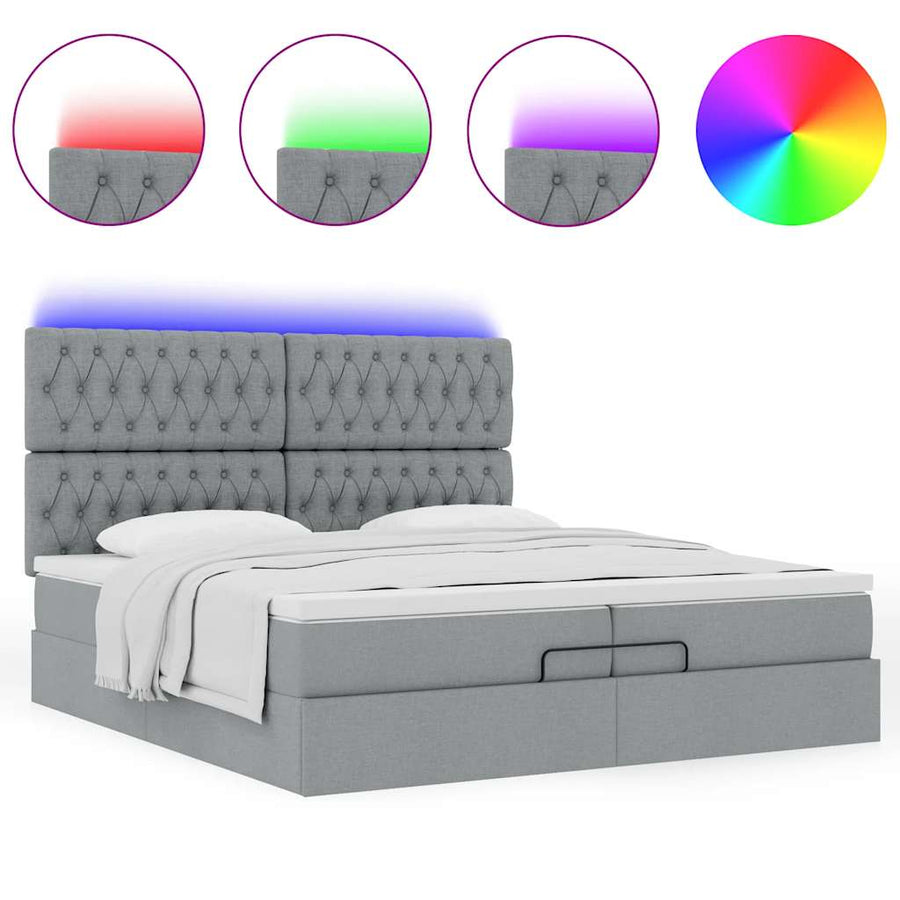 Ottoman bed met matrassen en LED's 200x200cm stof lichtgrijs