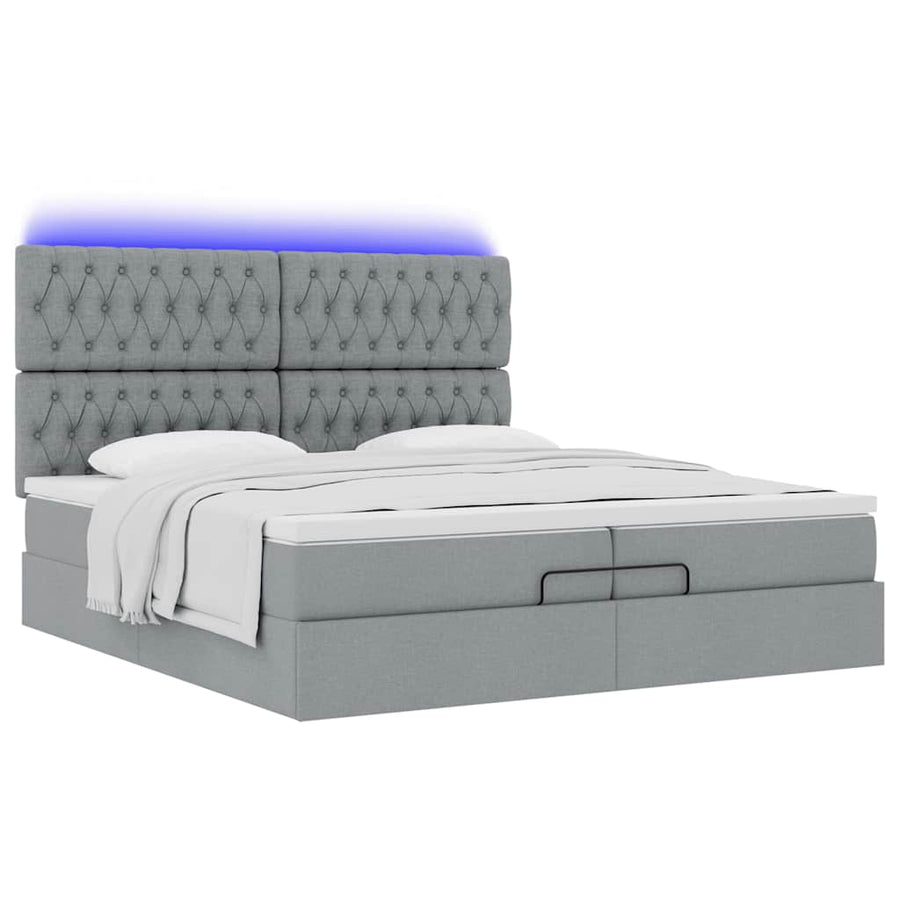Ottoman bed met matrassen en LED's 200x200cm stof lichtgrijs