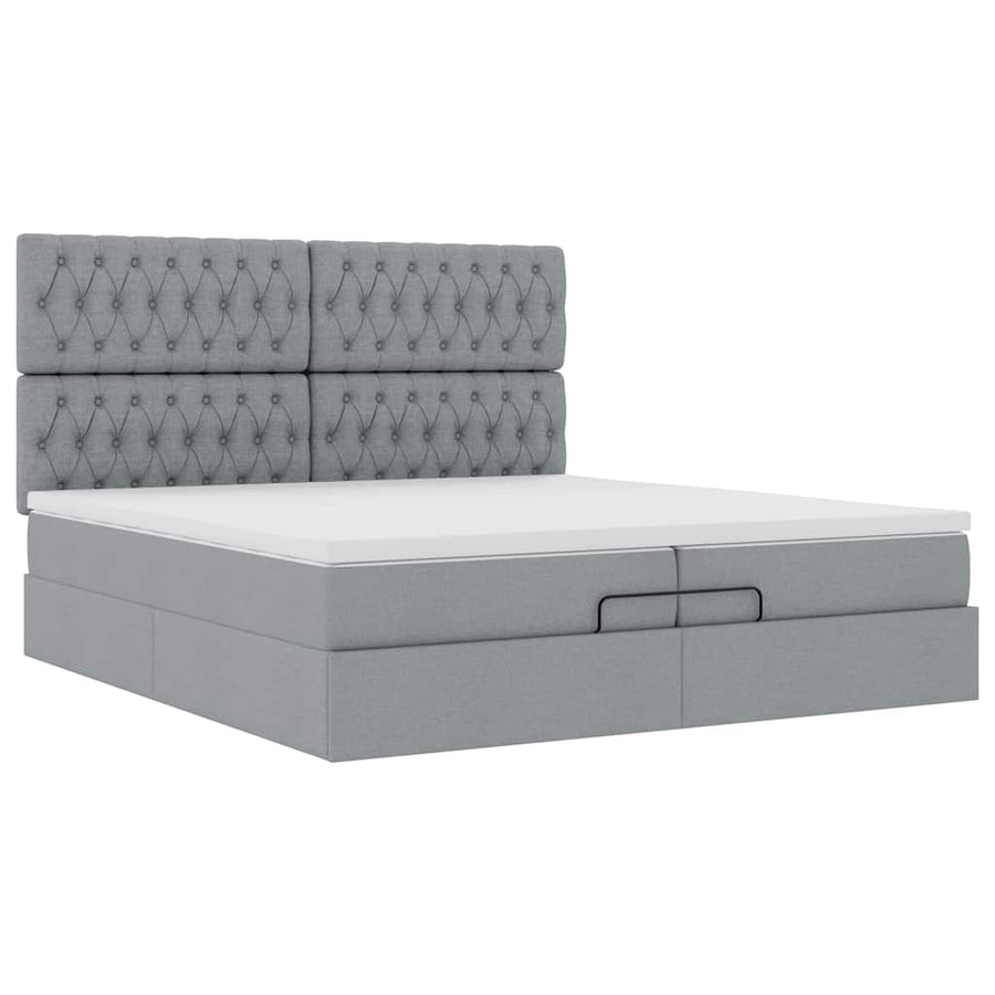 Ottoman bed met matrassen en LED's 200x200cm stof lichtgrijs