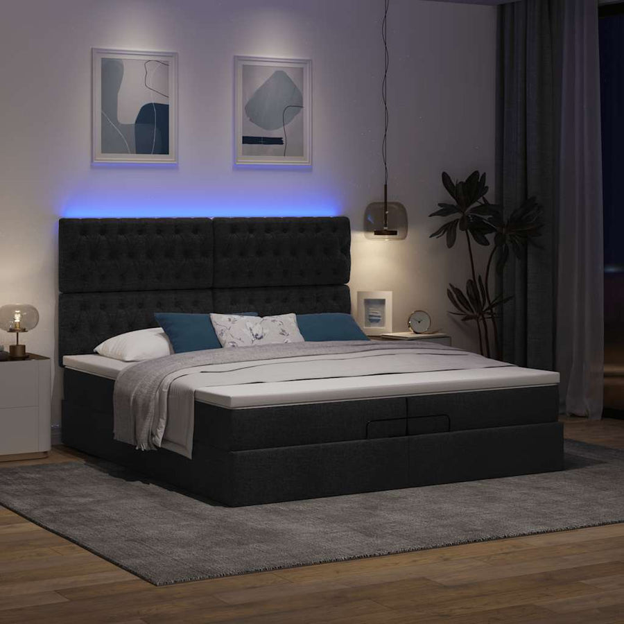 Ottoman bed met matrassen en LED's 200x200cm stof zwart
