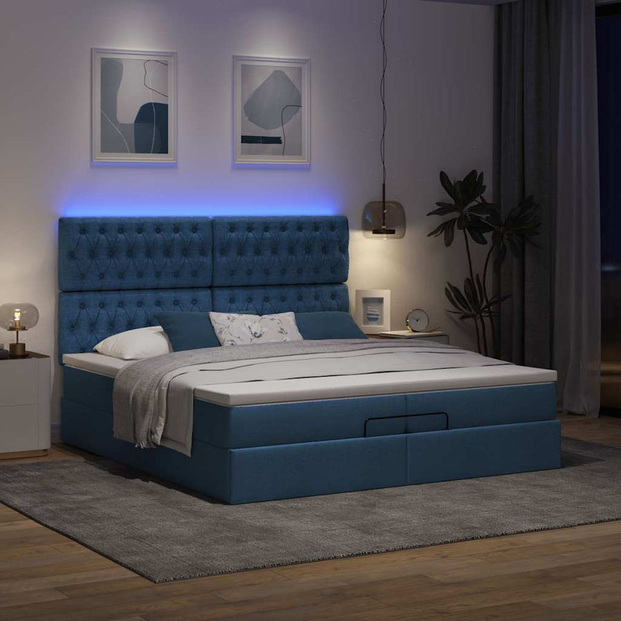 Ottoman bed met matrassen en LED's 200x200cm stof blauw