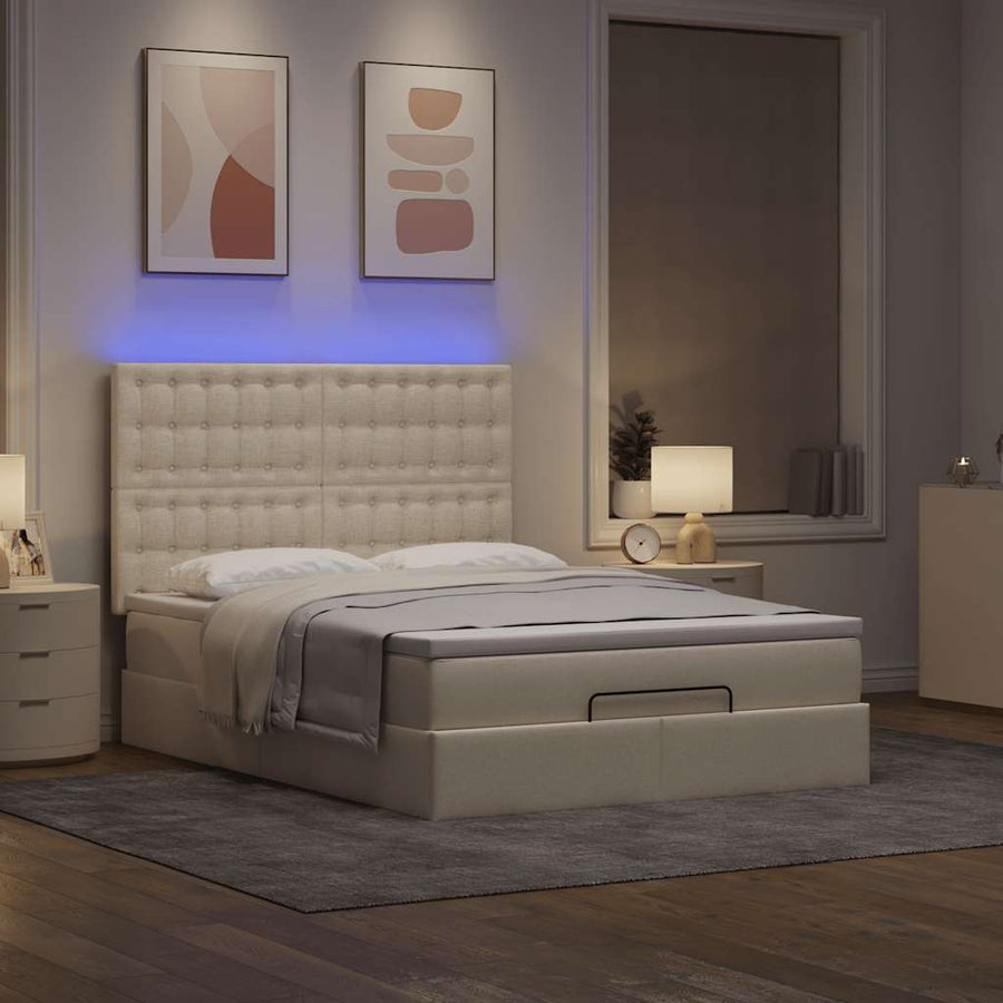 Ottoman bed met matras en LED's 140x200cm stof crèmekleurig