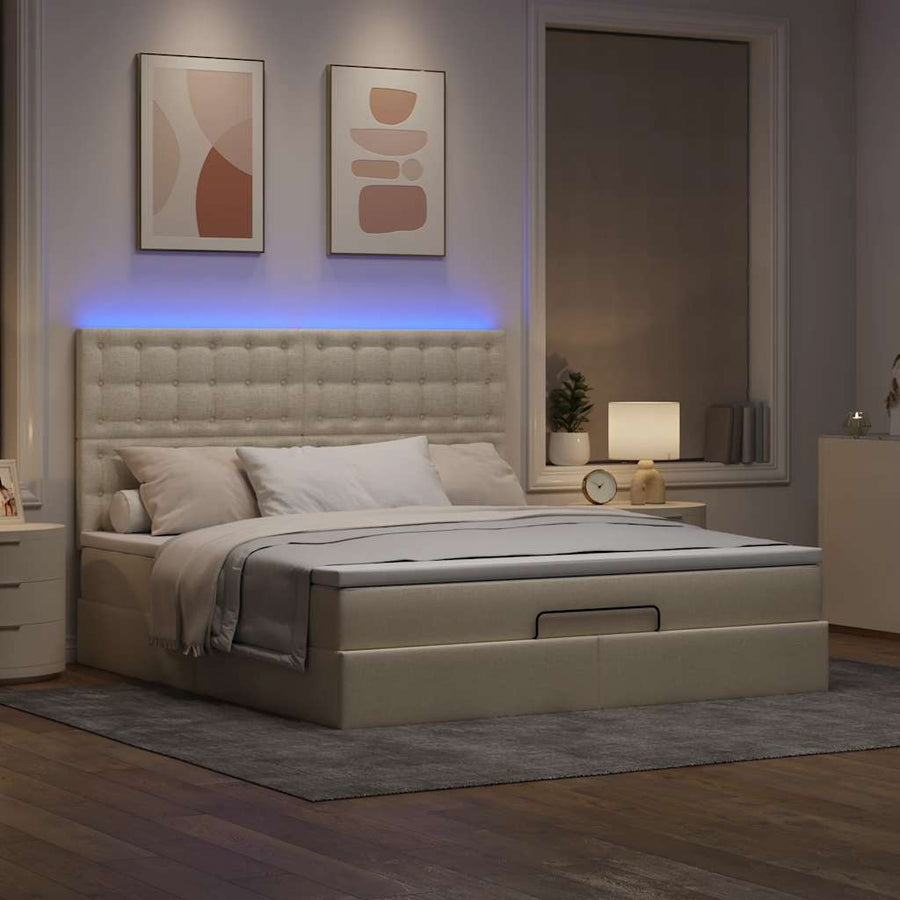 Ottoman bed met matras en LED's 160x200cm stof crèmekleurig