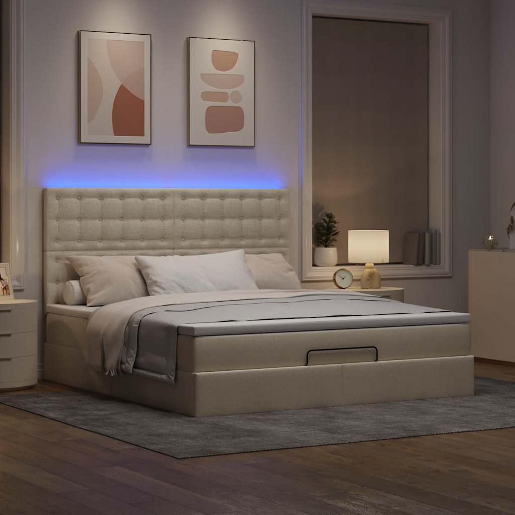 Ottoman bed met matras en LED's 180x200cm stof crèmekleurig