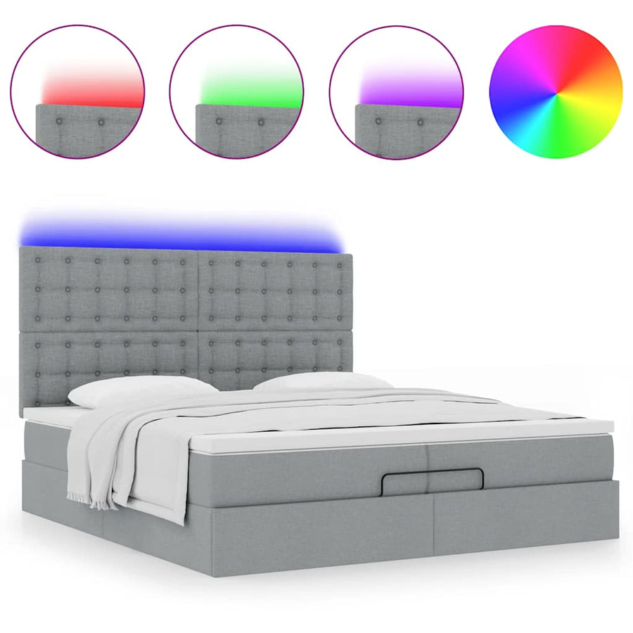 Ottoman bed met matrassen en LED's 200x200cm stof lichtgrijs