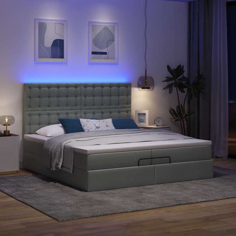 Ottoman bed met matrassen en LED's 200x200cm stof donkergrijs