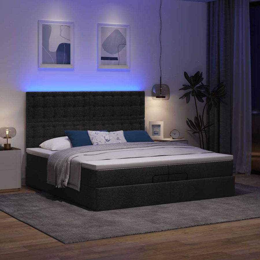 Ottoman bed met matrassen en LED's 200x200cm stof zwart