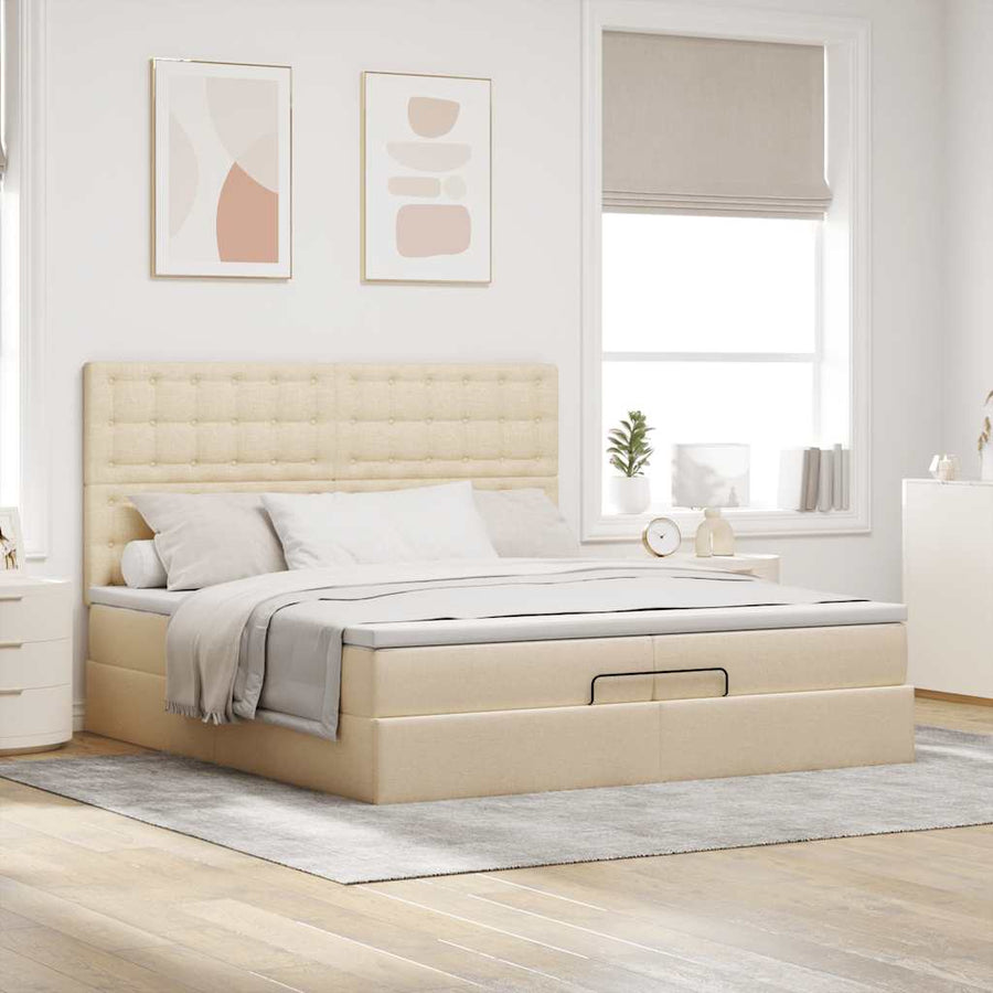 Ottoman bed met matrassen en LED's 200x200cm stof crèmekleurig