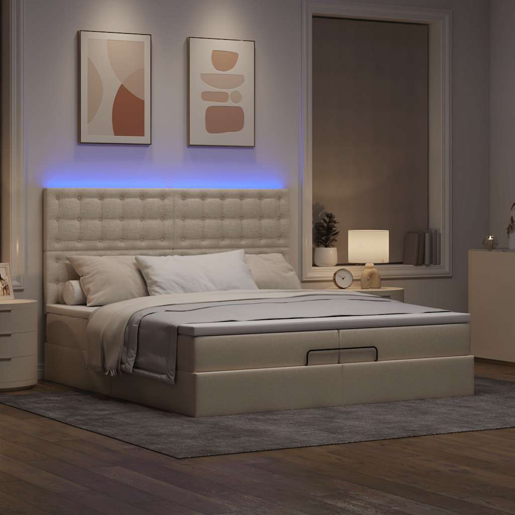 Ottoman bed met matrassen en LED's 200x200cm stof crèmekleurig