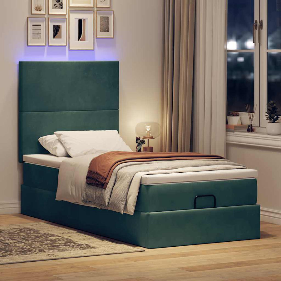 Ottoman bed met matrassen en LED's 90x200cm fluweel donkergroen