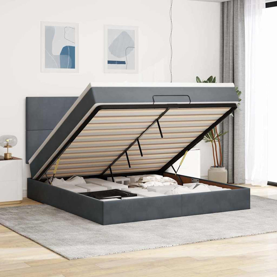 Ottoman Bed Met Matrassen En Led's 160X200Cm Fluweel 160 x 200 cm Donkergrijs