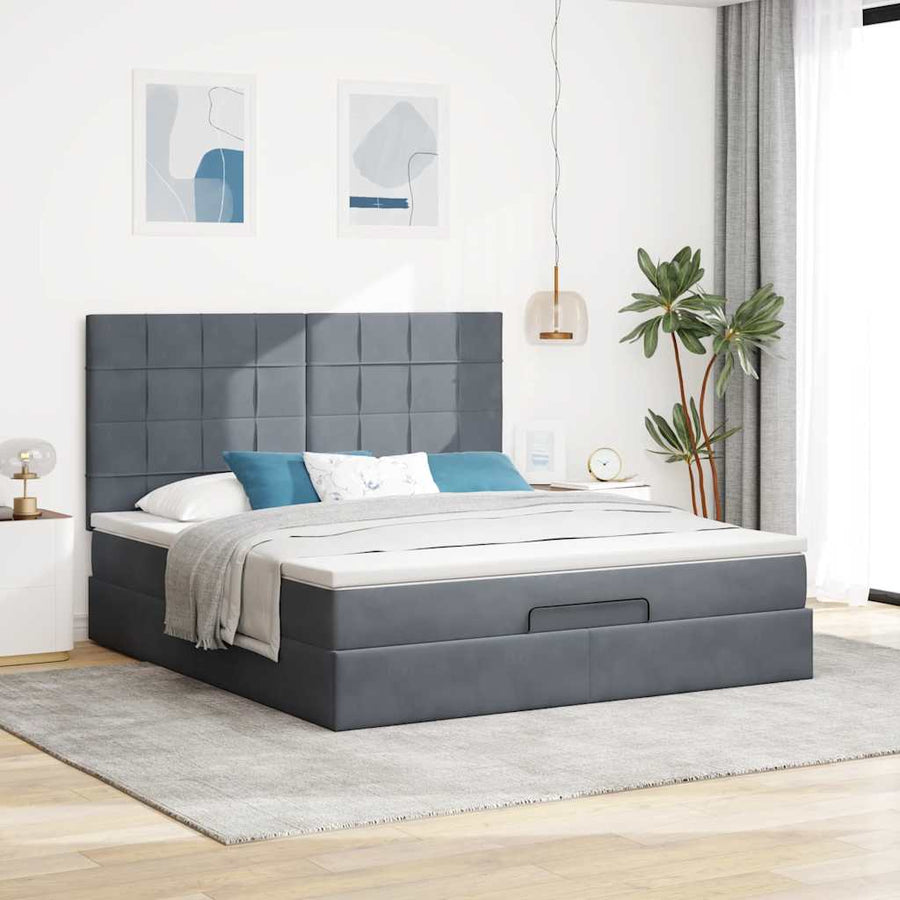 Ottoman Bed Met Matrassen En Led's 160X200Cm Fluweel 160 x 200 cm Donkergrijs