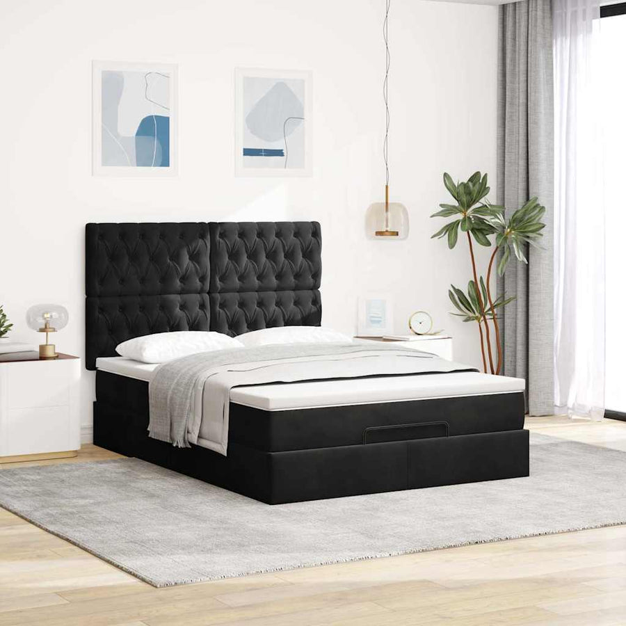 Ottoman Bed Met Matrassen En Led's 140X200Cm Fluweel 140 x 200 cm Zwart