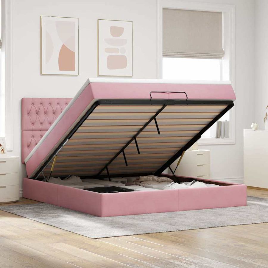 Ottoman bed met matrassen en LED's 200x200cm fluweel roze