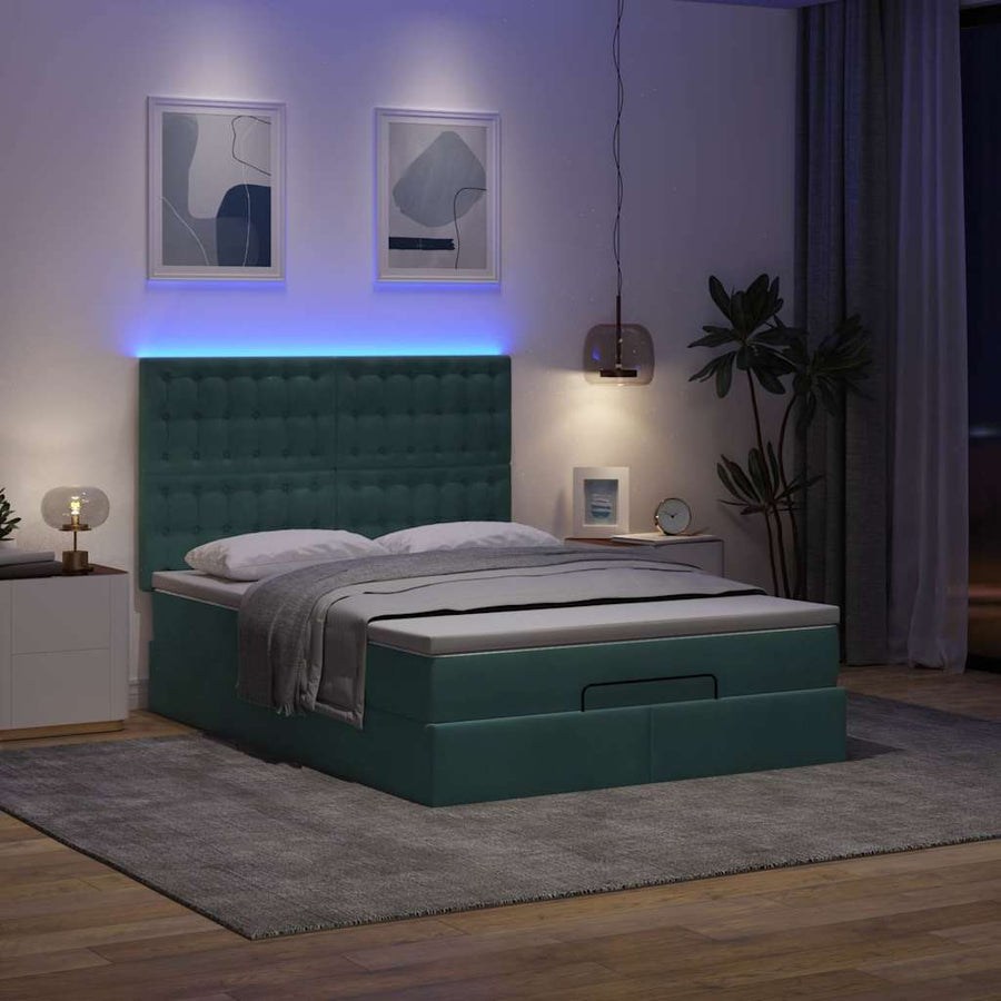 Ottoman Bed Met Matrassen En Led's 140X190Cm Fluweel 140 x 190 cm Donkergroen