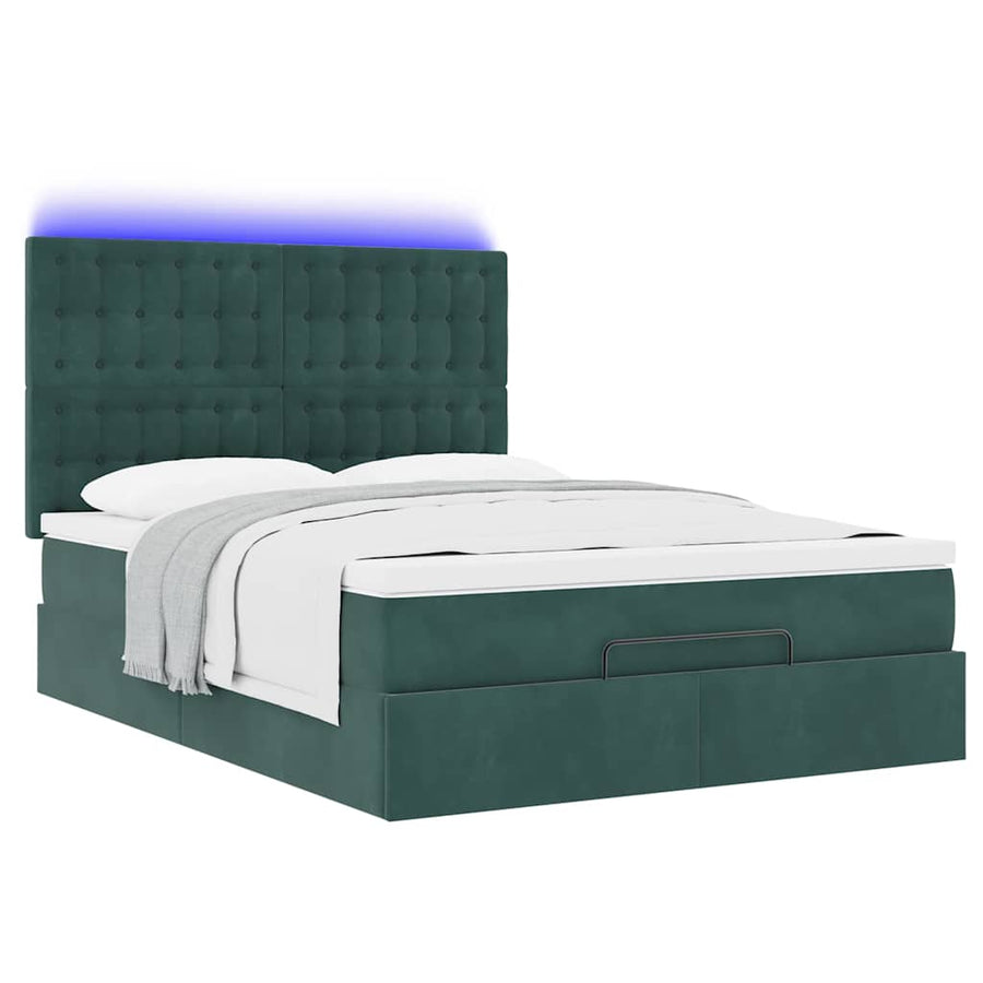 Ottoman Bed Met Matrassen En Led's 140X190Cm Fluweel 140 x 190 cm Donkergroen