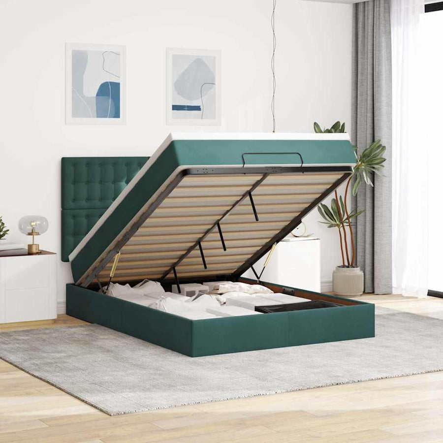 Ottoman Bed Met Matrassen En Led's 140X190Cm Fluweel 140 x 190 cm Donkergroen