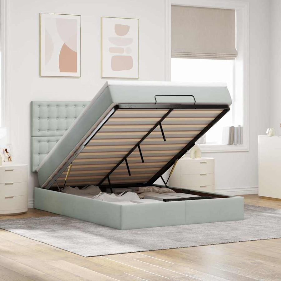 Ottoman bed met matrassen en LED's 140x200cm fluweel lichtgrijs