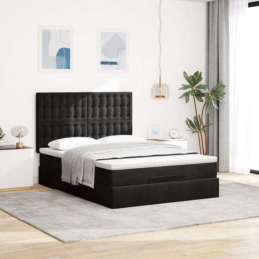 Ottoman Bed Met Matrassen En Led's 140X200Cm Fluweel 140 x 200 cm Zwart