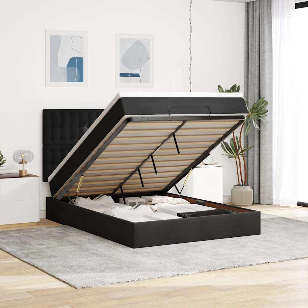 Ottoman Bed Met Matrassen En Led's 140X200Cm Fluweel 140 x 200 cm Zwart