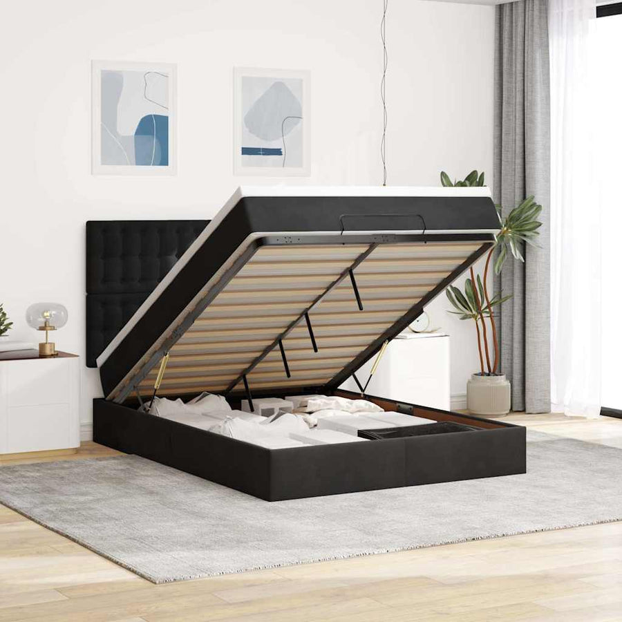 Ottoman Bed Met Matrassen En Led's 140X200Cm Fluweel 140 x 200 cm Zwart