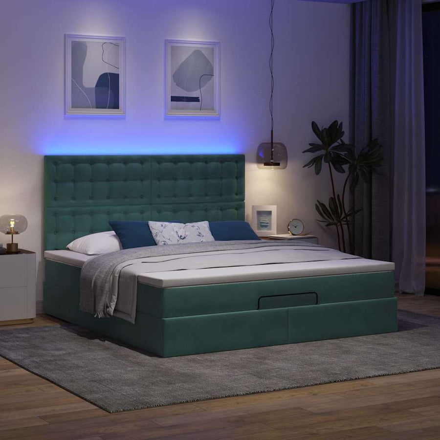 Ottoman Bed Met Matrassen En Led's 160X200Cm Fluweel 160 x 200 cm Donkergroen