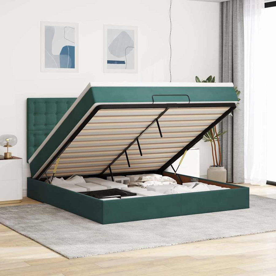Ottoman Bed Met Matrassen En Led's 160X200Cm Fluweel 160 x 200 cm Donkergroen