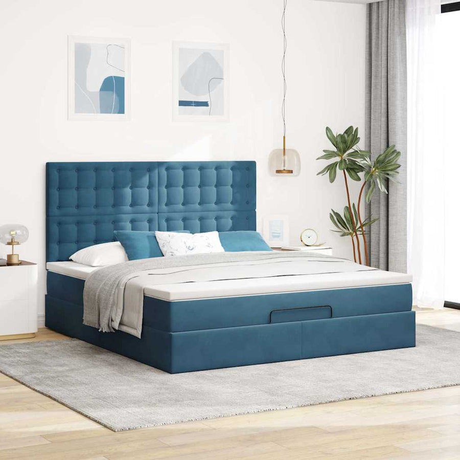 Ottoman Bed Met Matrassen En Led's 160X200Cm Fluweel 160 x 200 cm Donkerblauw