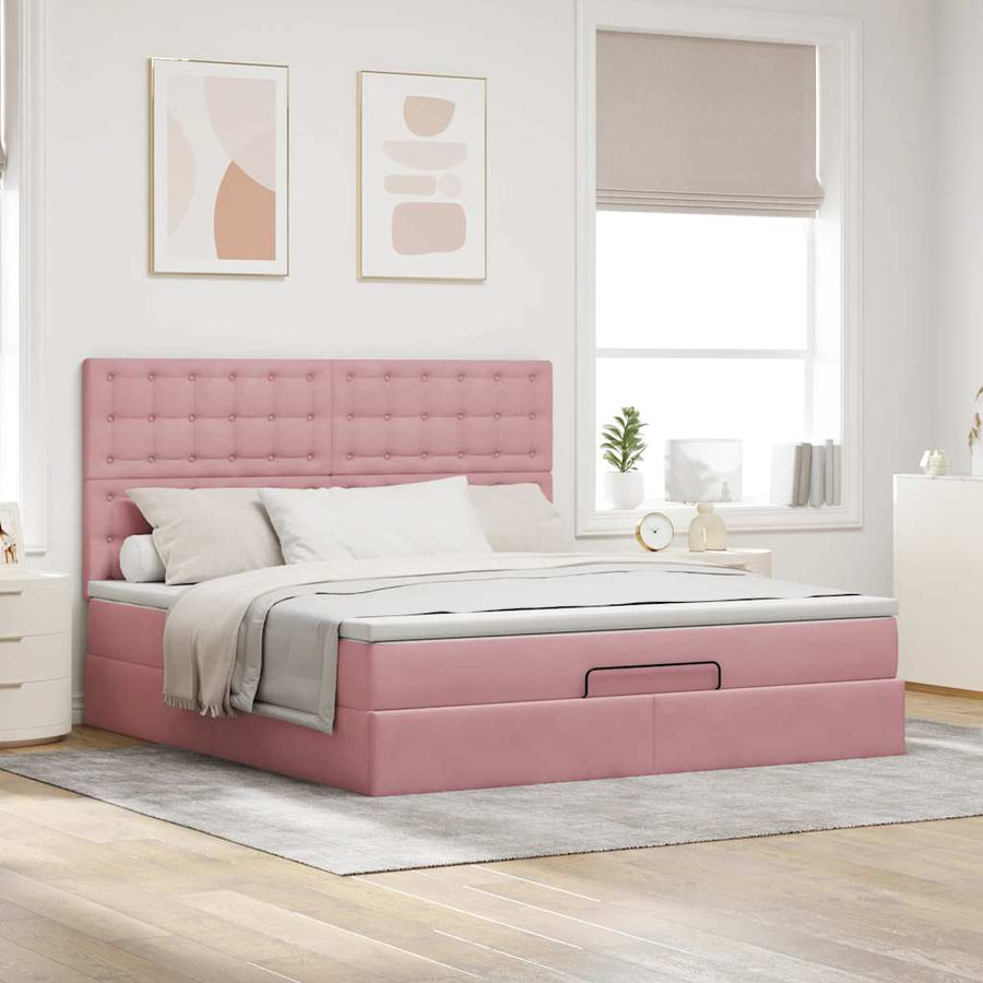 Ottoman Bed Met Matrassen En Led's 160X200Cm Fluweel 160 x 200 cm Roze