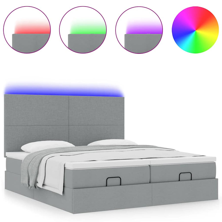 Ottoman bed met matrassen en LED's 180x200cm stof lichtgrijs