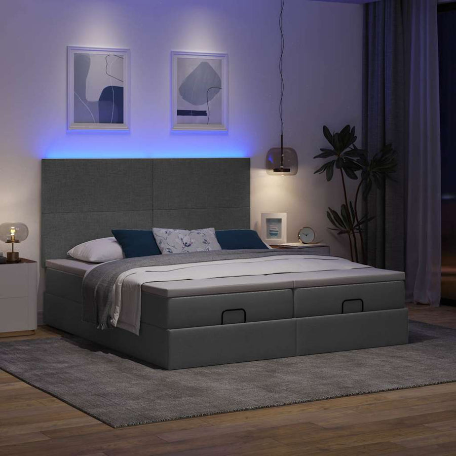 Ottoman bed met matrassen en LED's 200x200cm stof donkergrijs