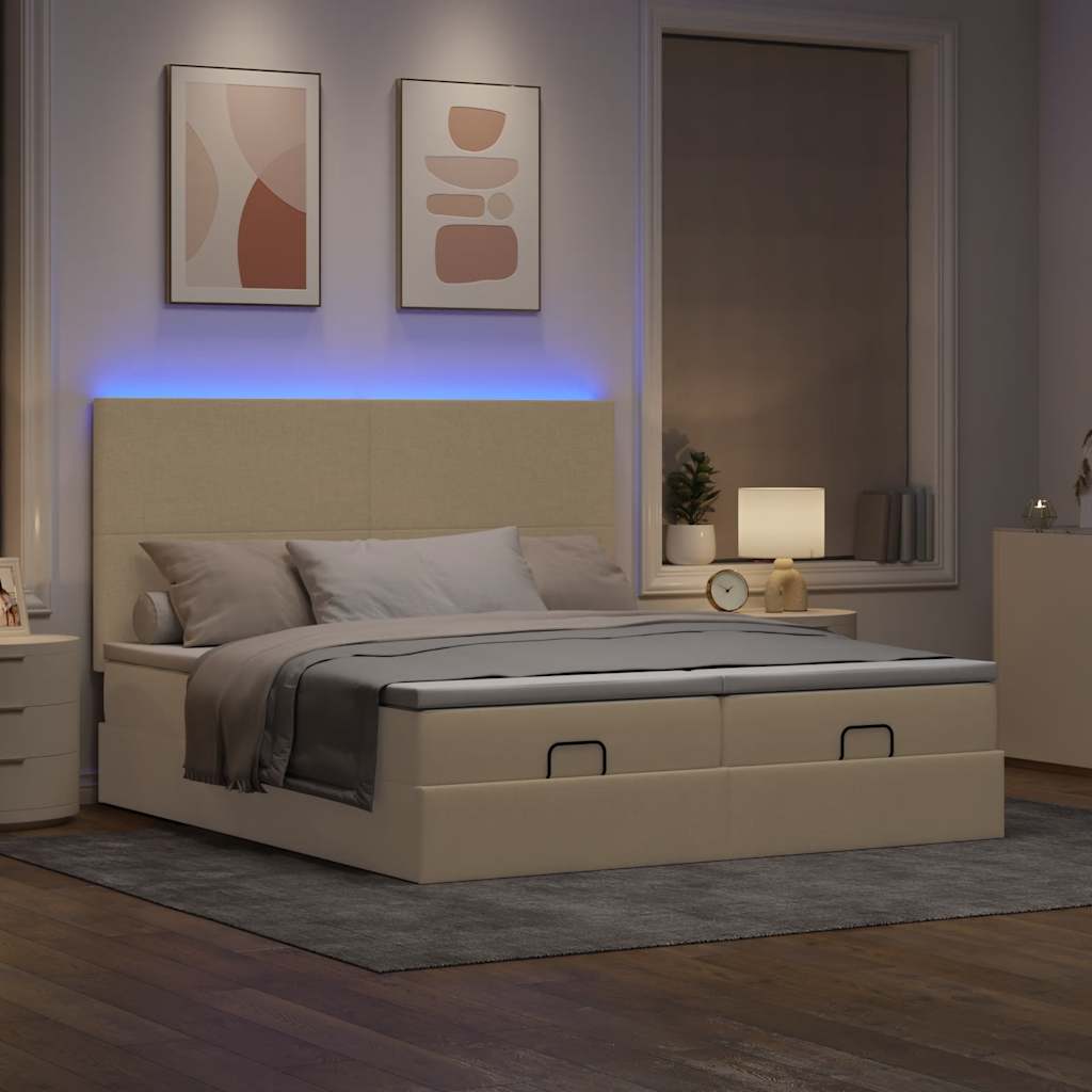 Ottoman bed met matrassen en LED's 200x200cm stof crèmekleurig