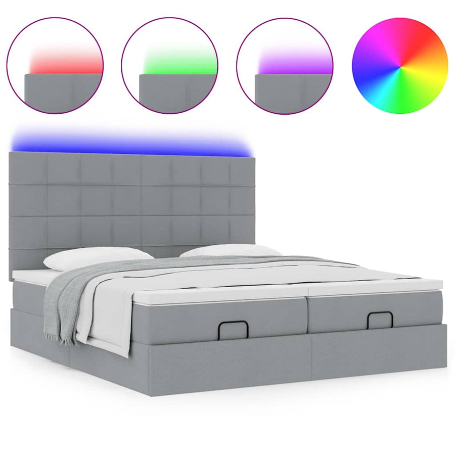 Ottoman bed met matrassen en LED's 200x200cm stof lichtgrijs