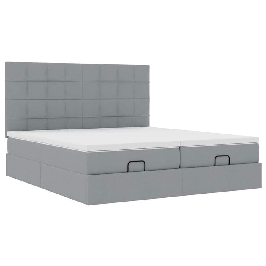 Ottoman bed met matrassen en LED's 200x200cm stof lichtgrijs