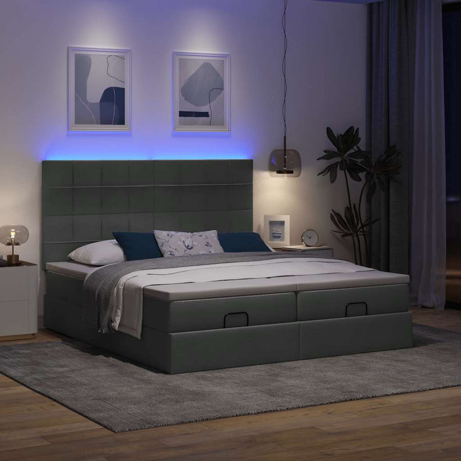 Ottoman bed met matrassen en LED's 200x200cm stof donkergrijs
