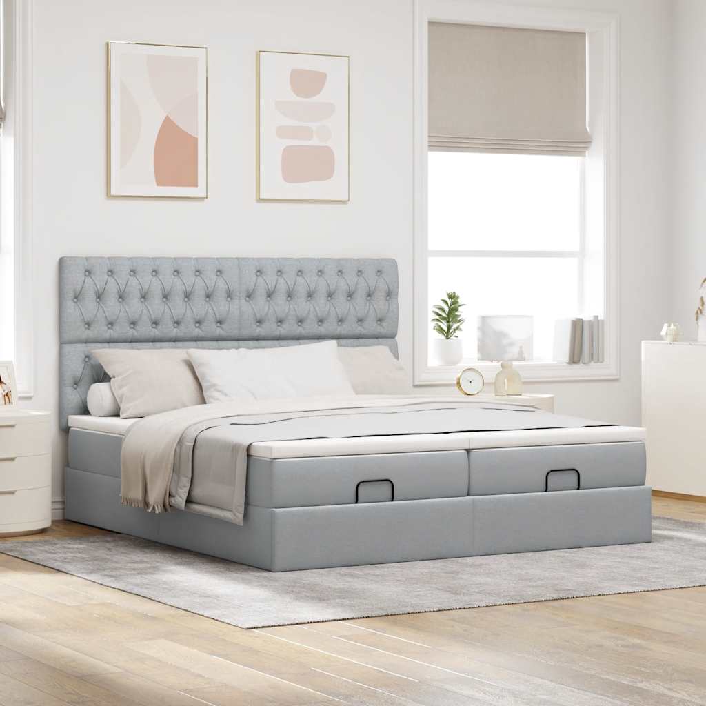 Ottoman bed met matrassen en LED's 200x200cm stof lichtgrijs