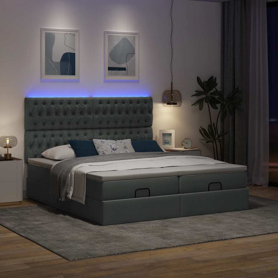 Ottoman bed met matrassen en LED's 200x200cm stof donkergrijs