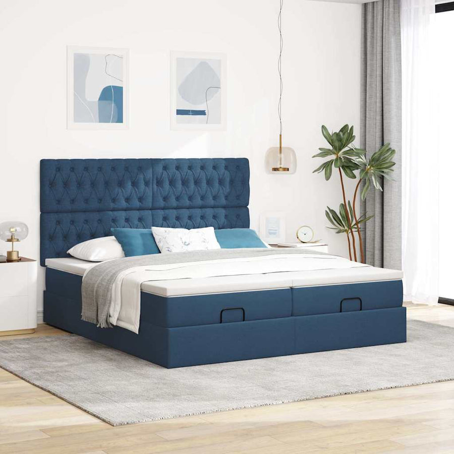 Ottoman bed met matrassen en LED's 200x200cm stof blauw