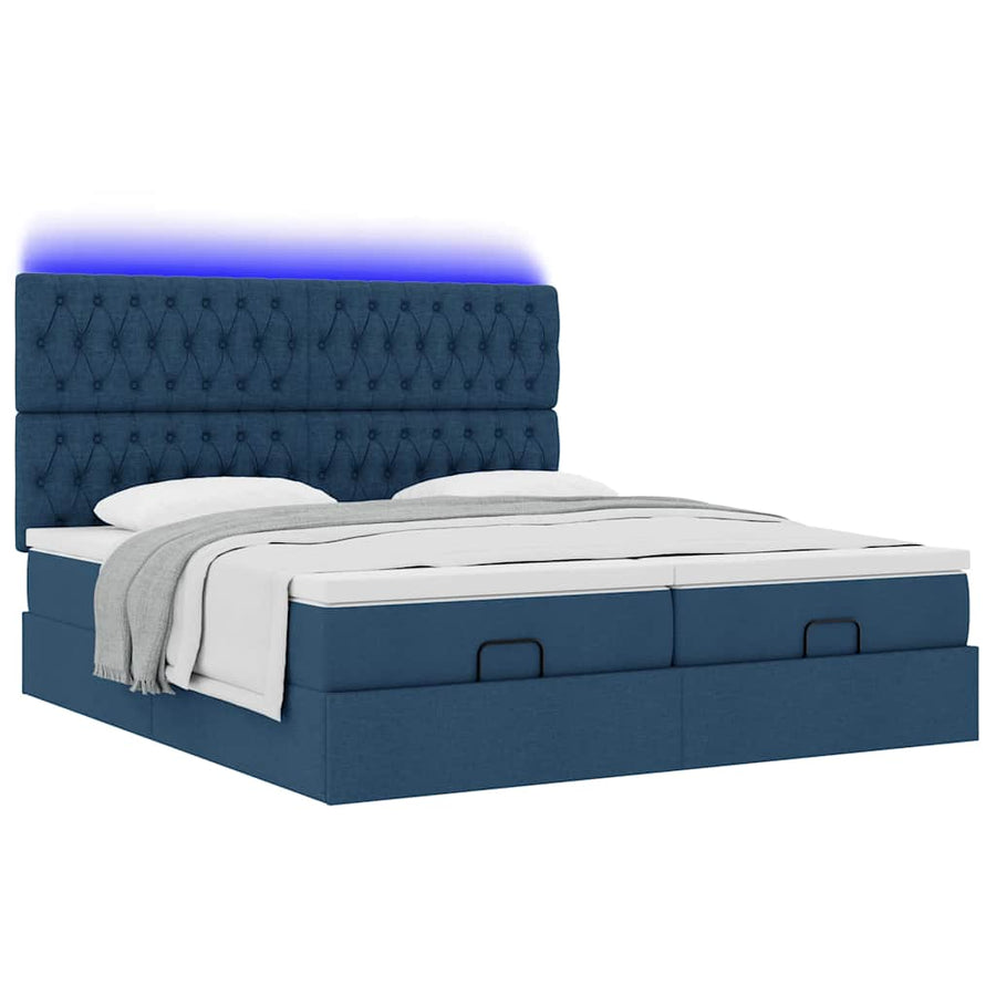 Ottoman bed met matrassen en LED's 200x200cm stof blauw