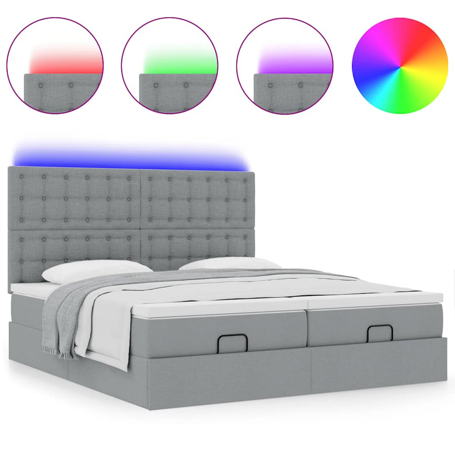 Ottoman bed met matrassen en LED's 200x200cm stof lichtgrijs