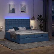 Ottoman bed 200x200 cm stof blauw met opbergruimte en LED