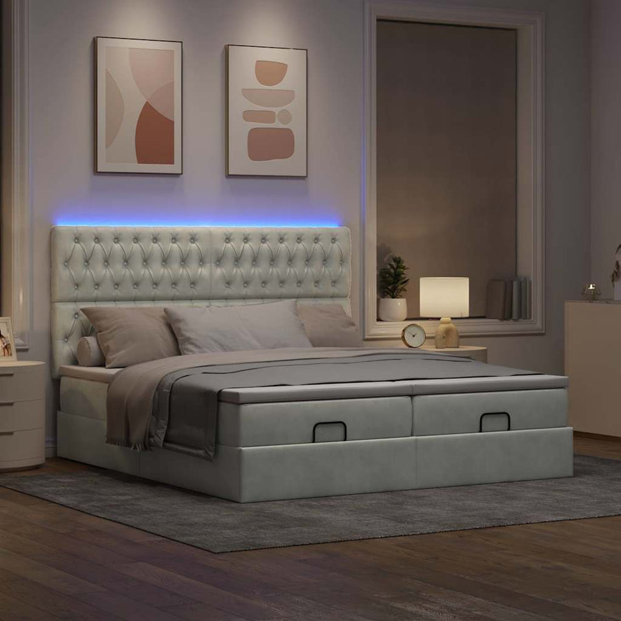 Ottoman bed met matrassen en LED's 200x200cm fluweel lichtgrijs